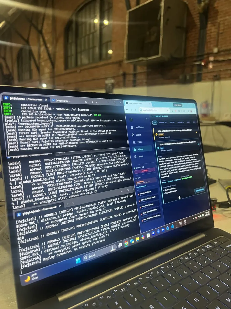 Hormuz Watch system running live with anomaly logs and dashboard